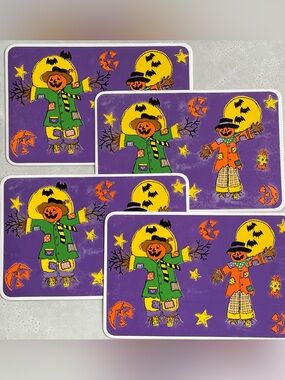 90s Vintage Set of 4 Vinyl Happy Halloween Scarecrow Placemats Jack-o-lanterns